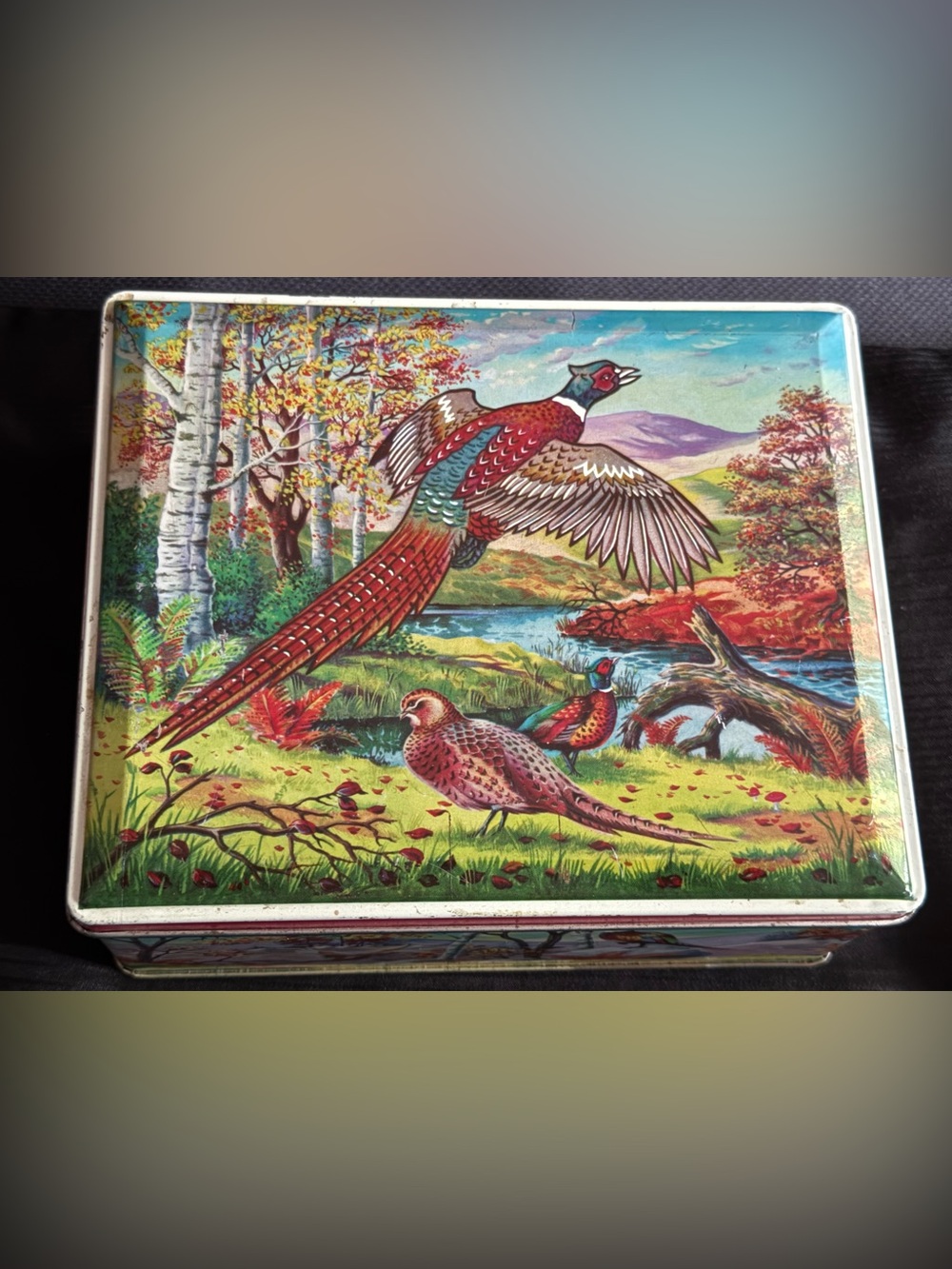 RARE VINTAGE THORNE’S ENGLAND TOFFEE TIN PHEASANT LANDSCAPE